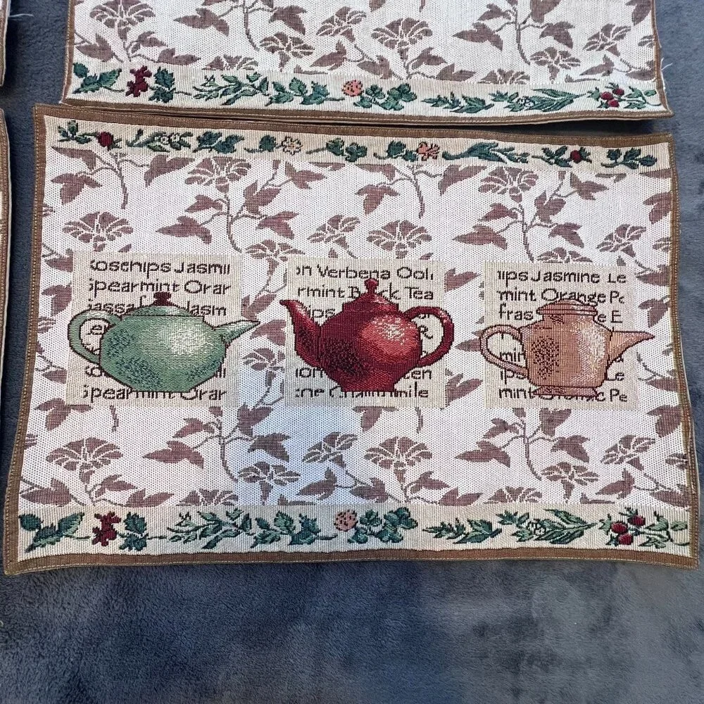 Set Of 4 Vintage Teapot Tapestry Placemats With Herb‎ Motifs Cottagecore